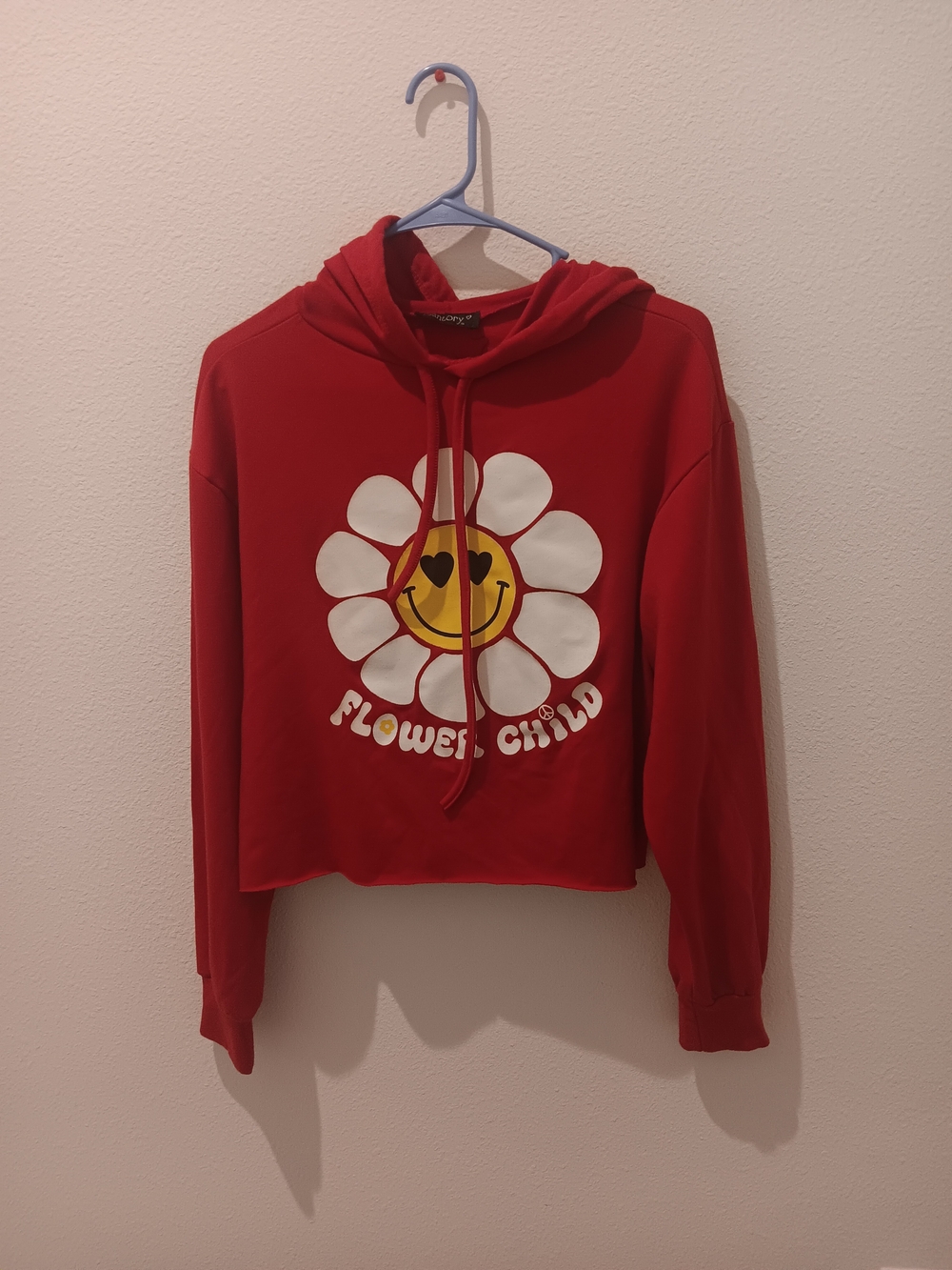 & Other Stories Red Cropped Hoodie with Smiley Flower Graphic